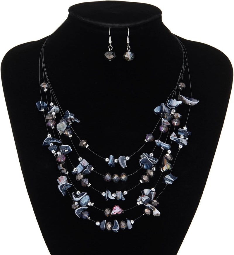 Errally Store Multi-Layer Boho Shell Beaded Necklace for Women Colorful Crystal Strand with Silver Beads Statement Collars Necklace and Earrings Costumes Jewelry Sets for Women - Image 4